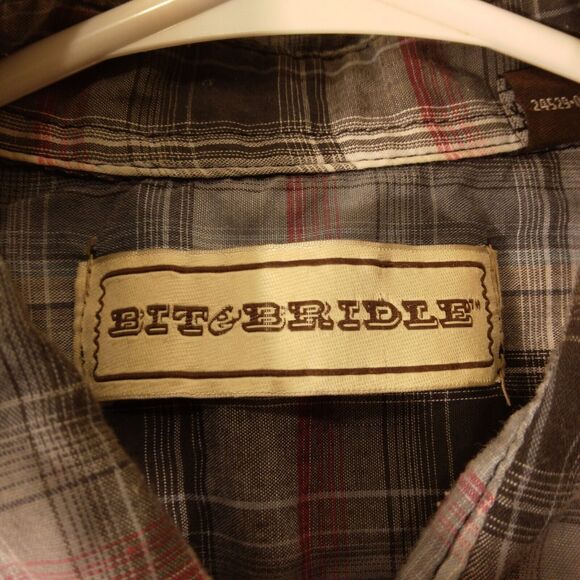Bit & Bridle pearl snap shirt mens L Large gray plaid short sleeve western - Picture 6 of 8